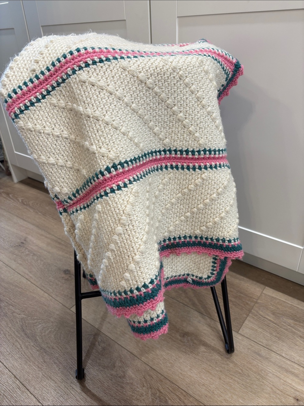 Handmade Cream Crochet Blanket with Pink & blue Trim